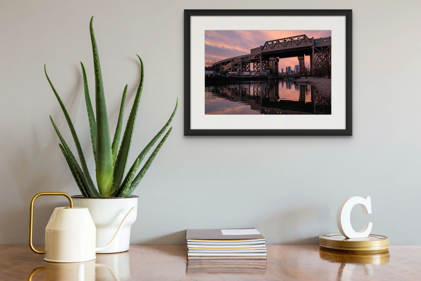 A framed print of sunset behind the Smith & 9th St. subway station viaduct in Gowanus, Brooklyn is hung above a shelf with an aloe plant and some books.